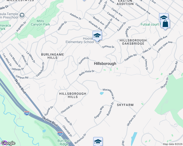 map of restaurants, bars, coffee shops, grocery stores, and more near 125 Bella Vista Drive in Hillsborough