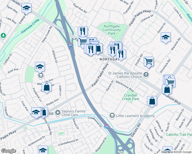 map of restaurants, bars, coffee shops, grocery stores, and more near 4212 Gordon Street in Fremont