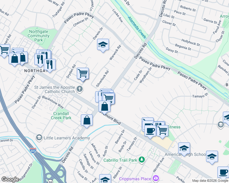 map of restaurants, bars, coffee shops, grocery stores, and more near 35110 Arbordale Court in Fremont