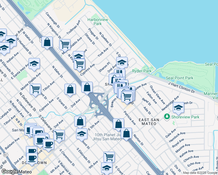 map of restaurants, bars, coffee shops, grocery stores, and more near 1429 Bradley Court in San Mateo
