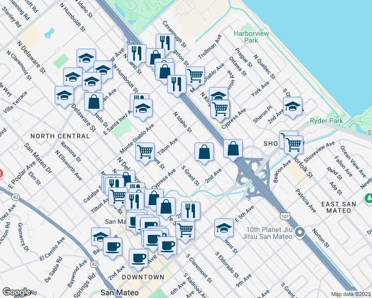 map of restaurants, bars, coffee shops, grocery stores, and more near 41 North Humboldt Street in San Mateo
