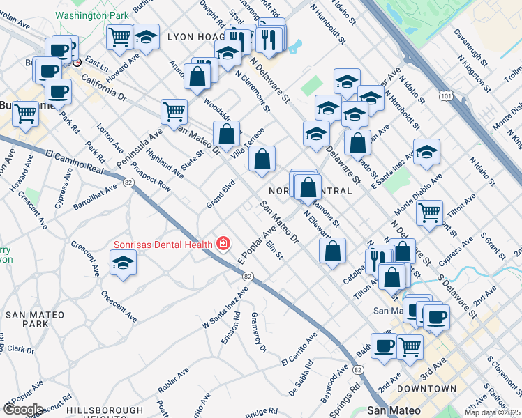 map of restaurants, bars, coffee shops, grocery stores, and more near 261 East Bellevue Avenue in San Mateo