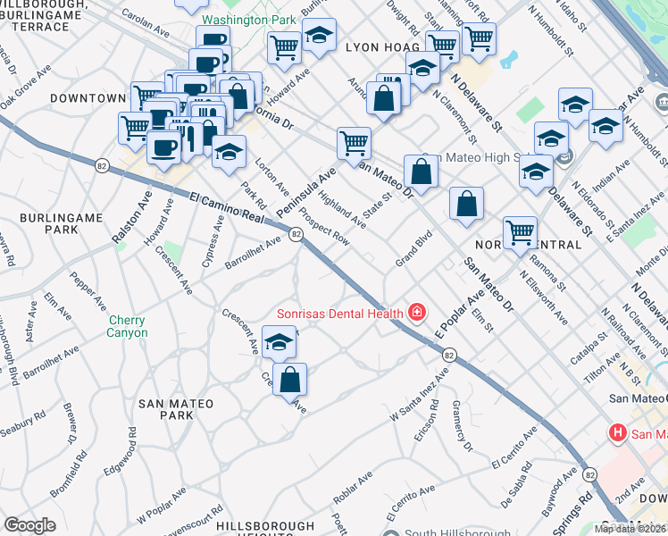 map of restaurants, bars, coffee shops, grocery stores, and more near 14 State Street in San Mateo