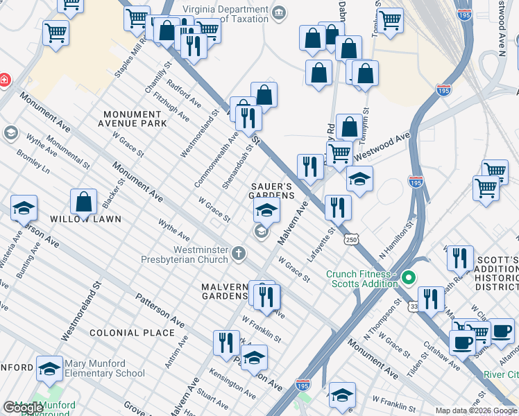 map of restaurants, bars, coffee shops, grocery stores, and more near 1509 Sauer Avenue in Richmond