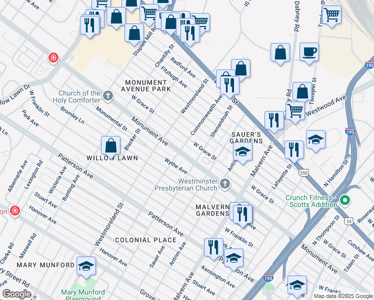 map of restaurants, bars, coffee shops, grocery stores, and more near 4414 Monument Avenue in Richmond