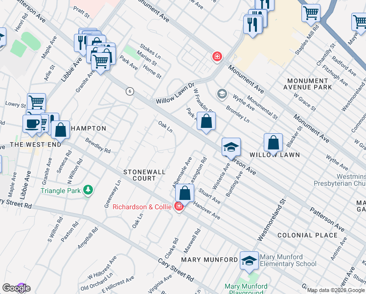 map of restaurants, bars, coffee shops, grocery stores, and more near 407 Harlan Circle in Richmond