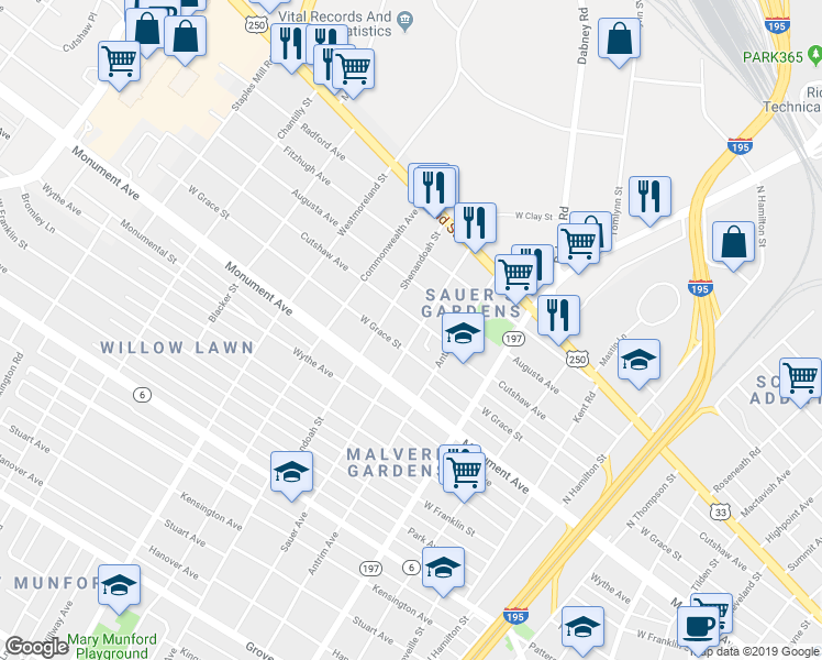 map of restaurants, bars, coffee shops, grocery stores, and more near 1406 Sauer Avenue in Richmond