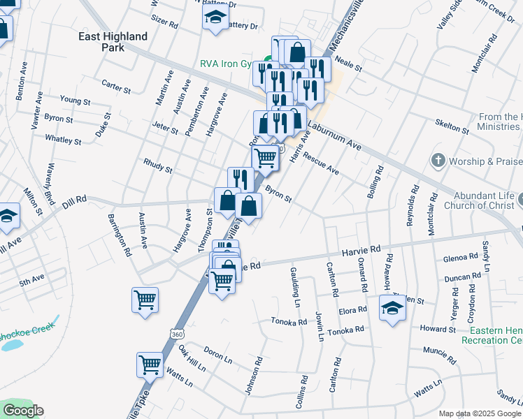 map of restaurants, bars, coffee shops, grocery stores, and more near 3506 Harris Avenue in Richmond