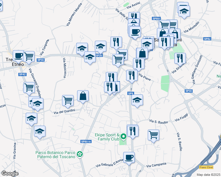 map of restaurants, bars, coffee shops, grocery stores, and more near 27 Via della Regione in San Giovanni La Punta