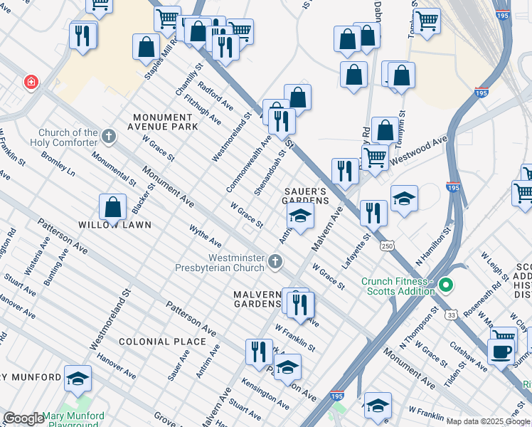 map of restaurants, bars, coffee shops, grocery stores, and more near 1406 Sauer Avenue in Richmond