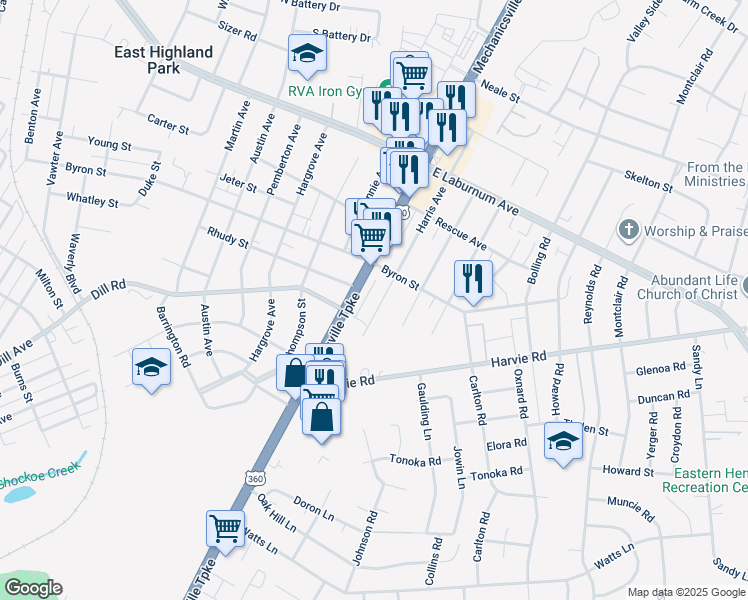 map of restaurants, bars, coffee shops, grocery stores, and more near 3506 Harris Avenue in Richmond