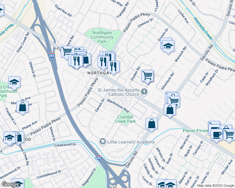 map of restaurants, bars, coffee shops, grocery stores, and more near 34527 Nantucket Common in Fremont