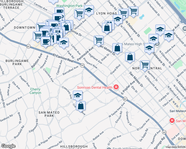 map of restaurants, bars, coffee shops, grocery stores, and more near 14 State Street in San Mateo