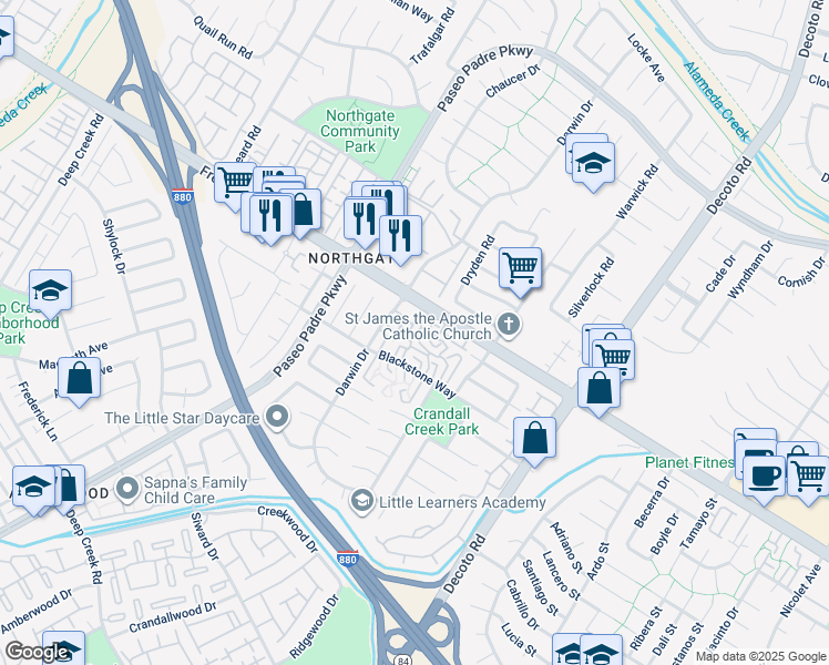 map of restaurants, bars, coffee shops, grocery stores, and more near 34527 Nantucket Common in Fremont