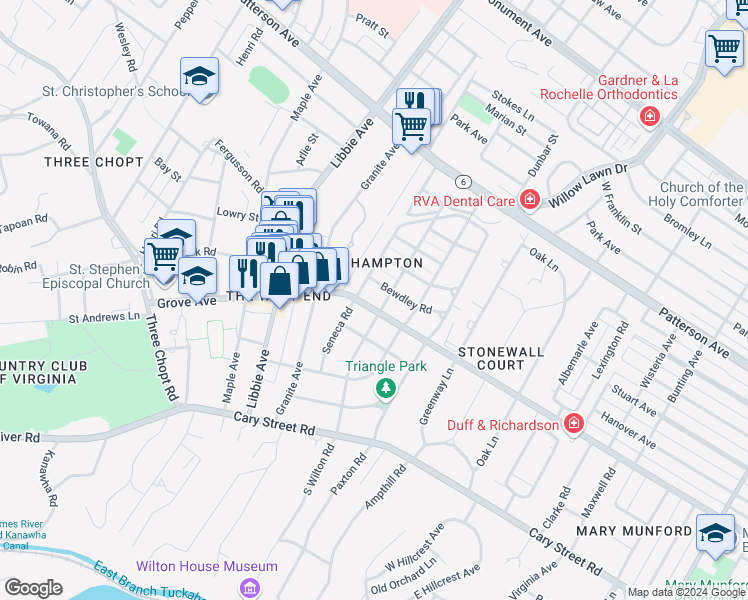 map of restaurants, bars, coffee shops, grocery stores, and more near 5502 1/2 Grove Avenue in Richmond