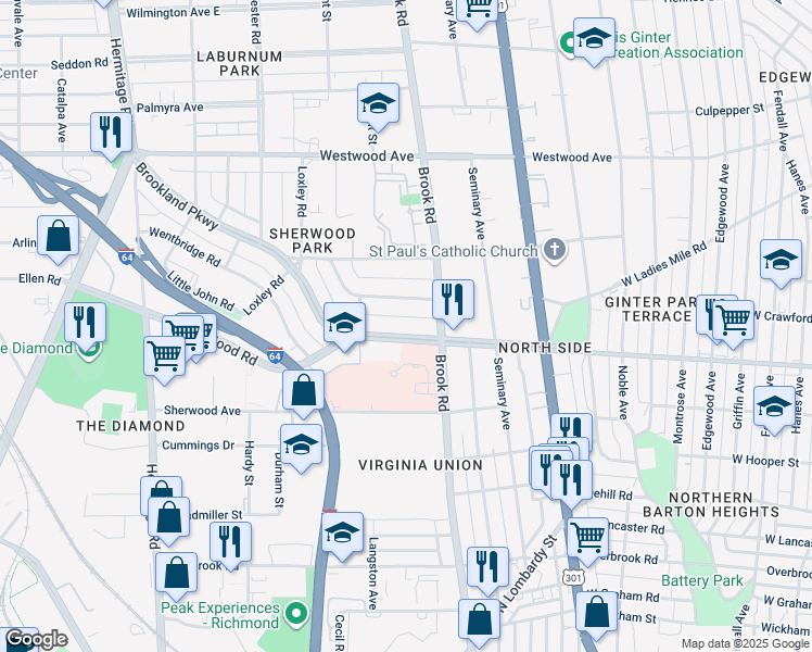 map of restaurants, bars, coffee shops, grocery stores, and more near 1210 Brookland Parkway in Richmond