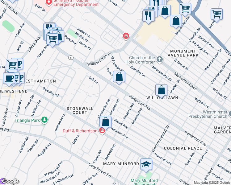 map of restaurants, bars, coffee shops, grocery stores, and more near 374 Lexington Road in Richmond