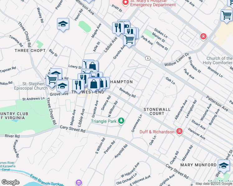 map of restaurants, bars, coffee shops, grocery stores, and more near 5504 Grove Avenue in Richmond