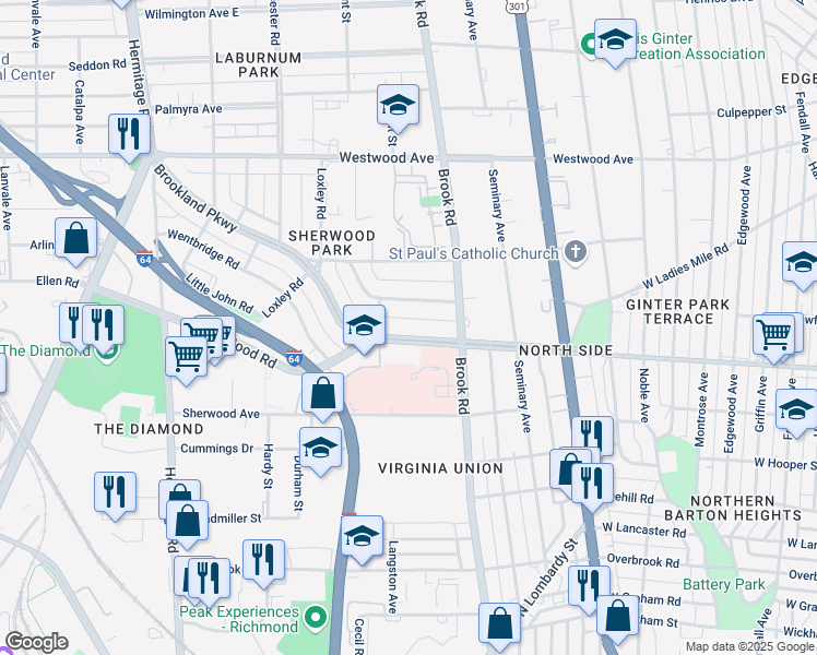map of restaurants, bars, coffee shops, grocery stores, and more near 1216 Brookland Parkway in Richmond