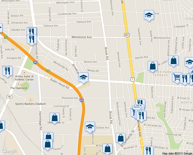 map of restaurants, bars, coffee shops, grocery stores, and more near 1216 Brookland Parkway in Richmond