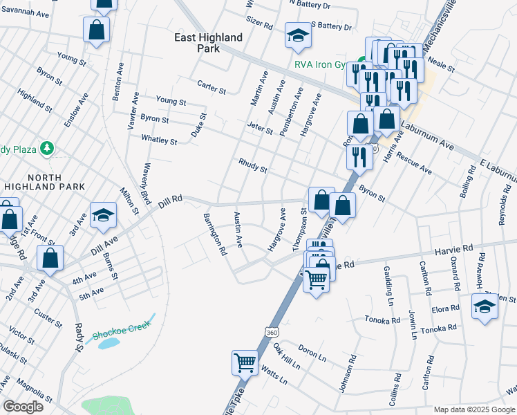 map of restaurants, bars, coffee shops, grocery stores, and more near 3206 Pemberton Avenue in Richmond