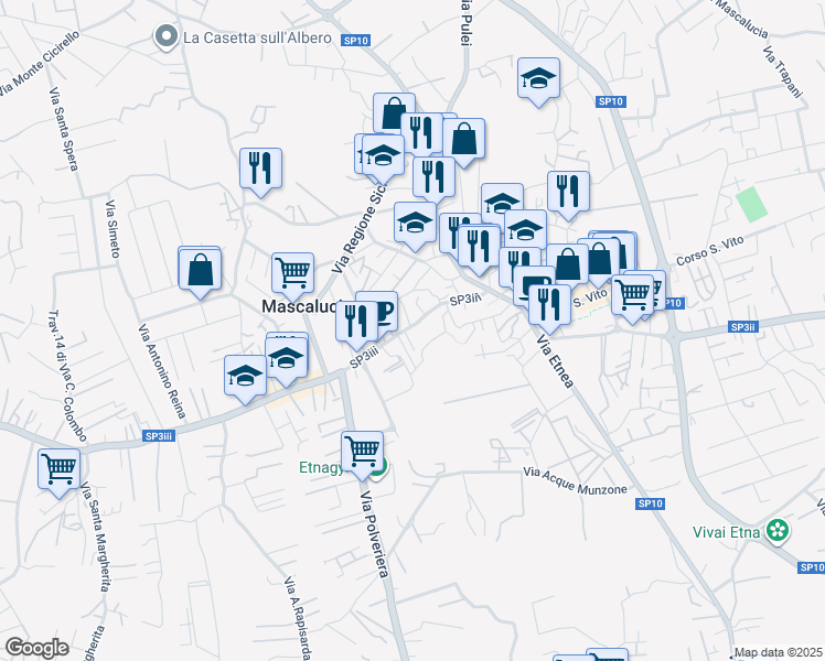 map of restaurants, bars, coffee shops, grocery stores, and more near 111 Via Roma in Mascalucia