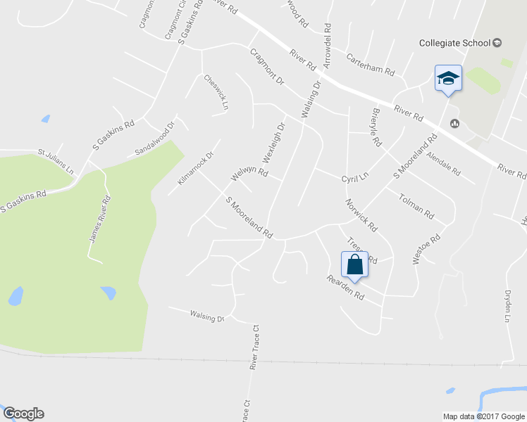 map of restaurants, bars, coffee shops, grocery stores, and more near 406 Walsing Drive in Richmond