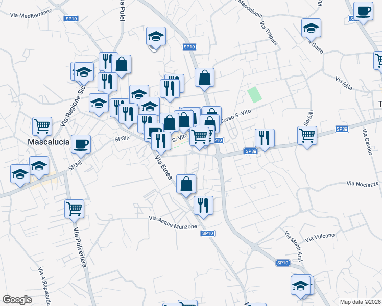 map of restaurants, bars, coffee shops, grocery stores, and more near 81 Corso San Vito in Mascalucia