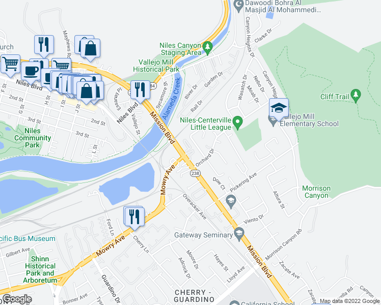 map of restaurants, bars, coffee shops, grocery stores, and more near 38319 Oliver Way in Fremont