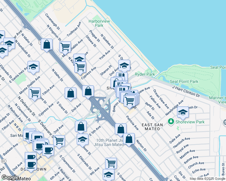 map of restaurants, bars, coffee shops, grocery stores, and more near 1501 J Hart Clinton Drive in San Mateo