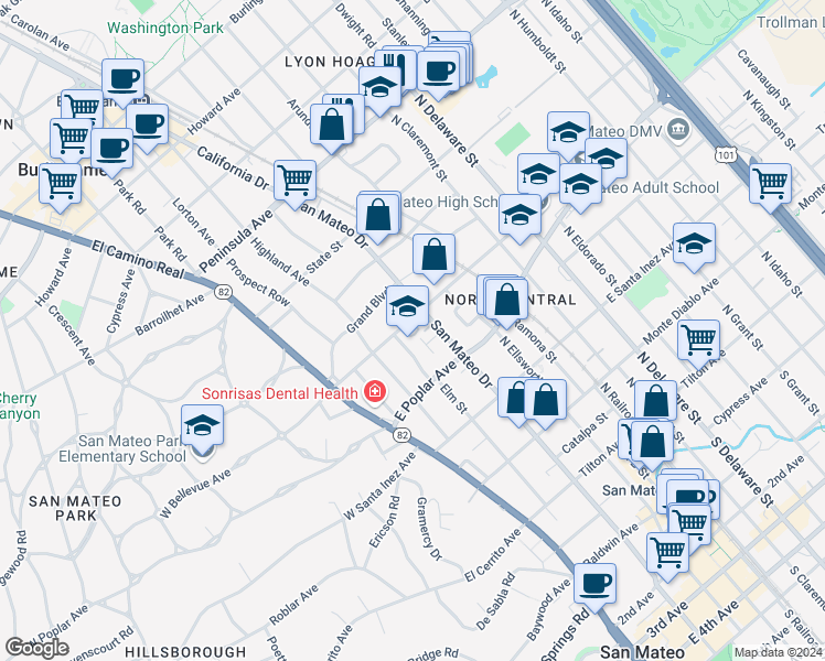 map of restaurants, bars, coffee shops, grocery stores, and more near 261 East Bellevue Avenue in San Mateo
