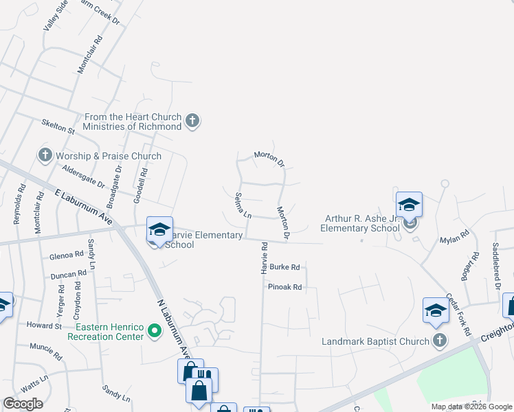 map of restaurants, bars, coffee shops, grocery stores, and more near 3420 Logan Hill Place in Richmond
