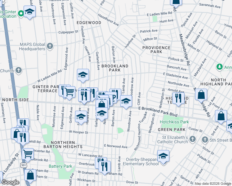 map of restaurants, bars, coffee shops, grocery stores, and more near in Richmond