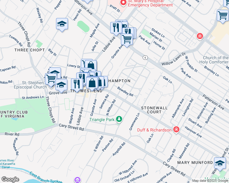 map of restaurants, bars, coffee shops, grocery stores, and more near 5504 Grove Avenue in Richmond