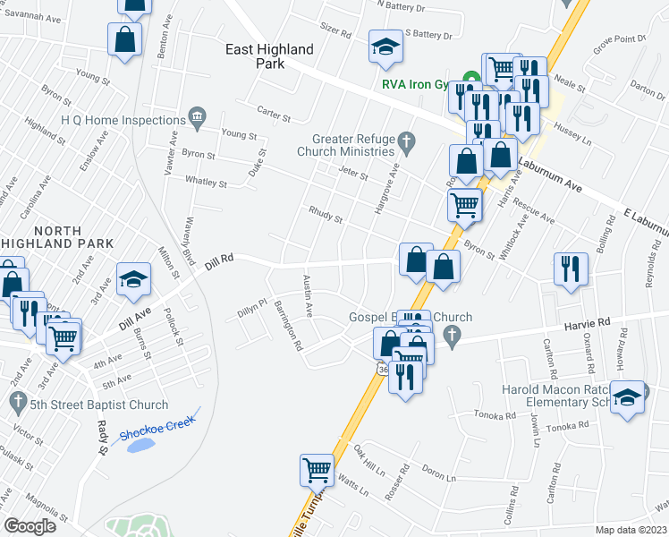 map of restaurants, bars, coffee shops, grocery stores, and more near 3206 Pemberton Avenue in Richmond
