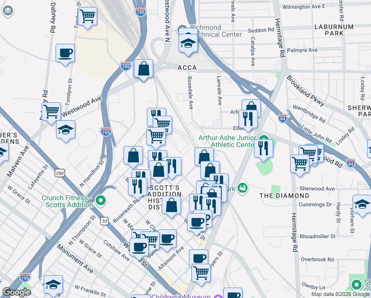 map of restaurants, bars, coffee shops, grocery stores, and more near 3406 Carlton Street in Richmond