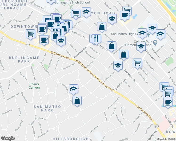 map of restaurants, bars, coffee shops, grocery stores, and more near El Camino Real & Saint Johns Court in San Mateo