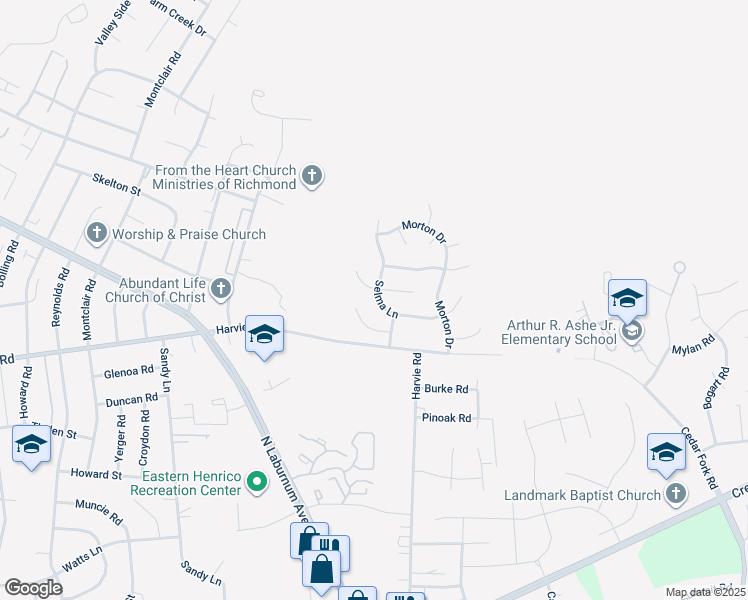 map of restaurants, bars, coffee shops, grocery stores, and more near 1404 Selma Lane in Richmond