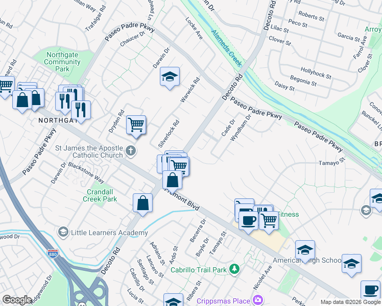 map of restaurants, bars, coffee shops, grocery stores, and more near 3691 Wyndham Drive in Fremont