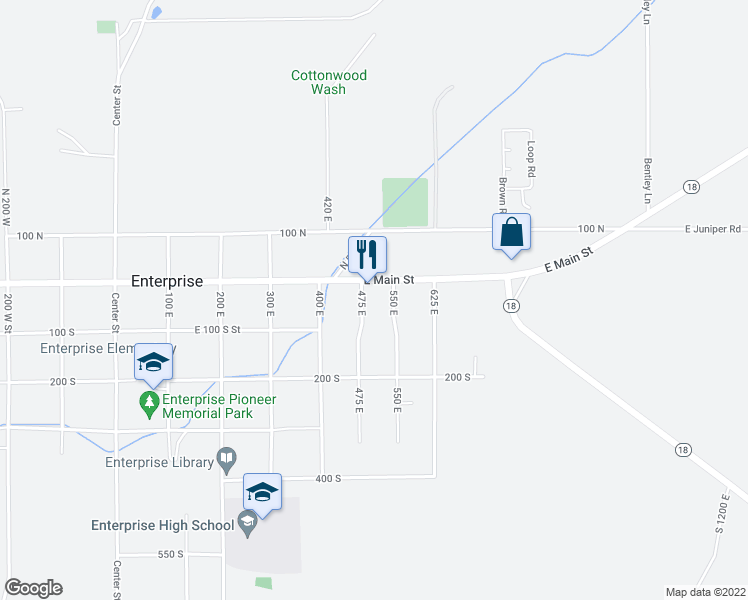 map of restaurants, bars, coffee shops, grocery stores, and more near 33 South 475 East in Enterprise
