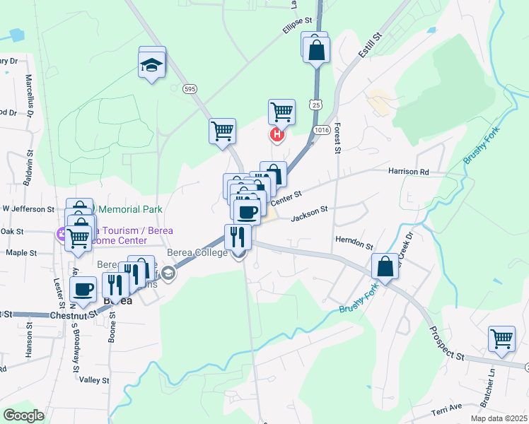 map of restaurants, bars, coffee shops, grocery stores, and more near 101 Center Street in Berea