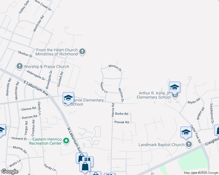 map of restaurants, bars, coffee shops, grocery stores, and more near 3420 Logan Hill Place in Richmond