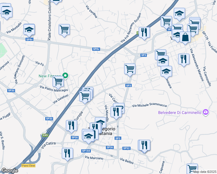 map of restaurants, bars, coffee shops, grocery stores, and more near 69 Viale Europa in San Gregorio di Catania