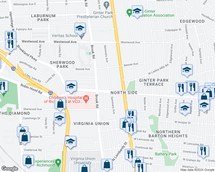 map of restaurants, bars, coffee shops, grocery stores, and more near 3002 Seminary Avenue in Richmond
