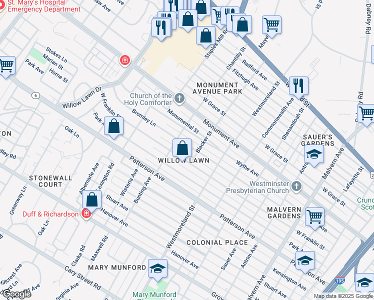 map of restaurants, bars, coffee shops, grocery stores, and more near 4707 Bromley Lane in Richmond