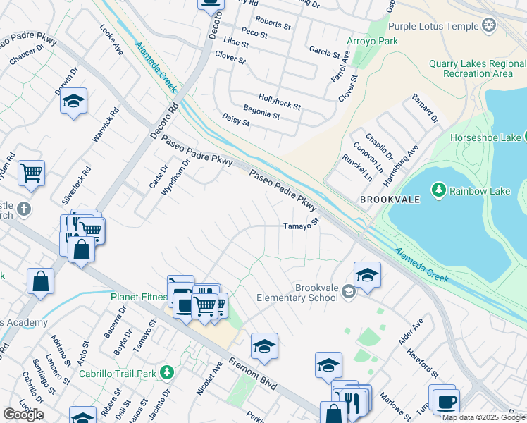 map of restaurants, bars, coffee shops, grocery stores, and more near 35547 Dee Place in Fremont