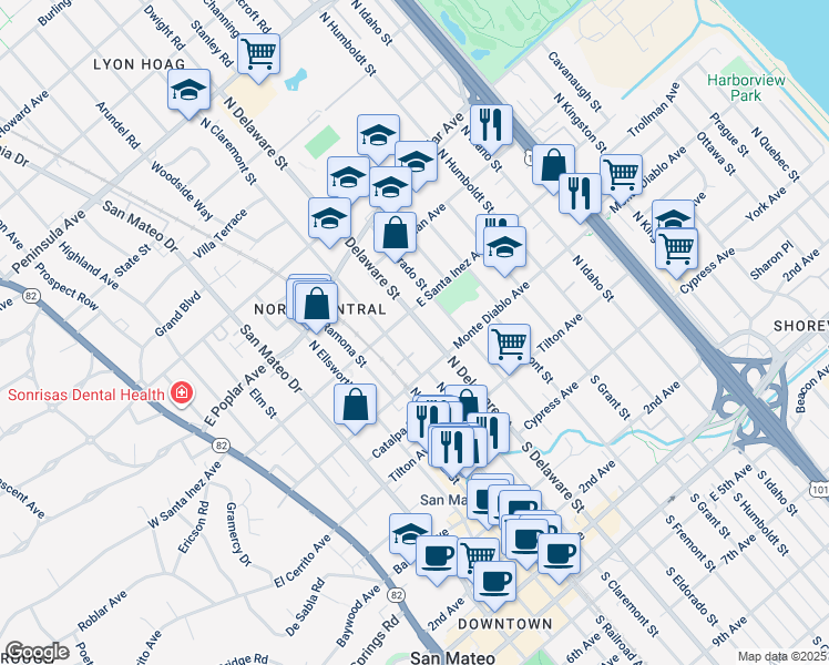 map of restaurants, bars, coffee shops, grocery stores, and more near 244 North Delaware Street in San Mateo