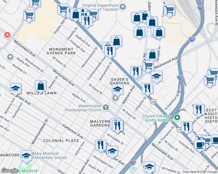 map of restaurants, bars, coffee shops, grocery stores, and more near 1509 Sauer Avenue in Richmond