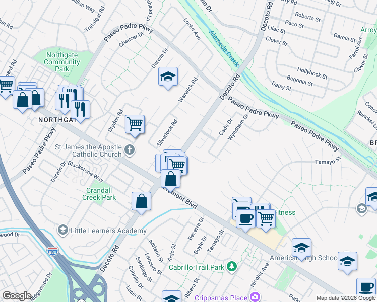 map of restaurants, bars, coffee shops, grocery stores, and more near 3691 Wyndham Drive in Fremont