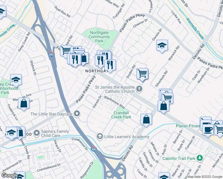 map of restaurants, bars, coffee shops, grocery stores, and more near 34512 Nantucket Common in Fremont